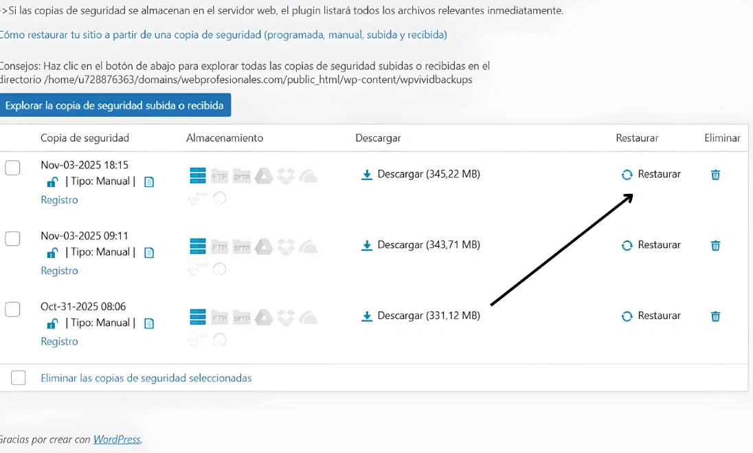 Restaurar la plantilla (ejecutar la restauración)